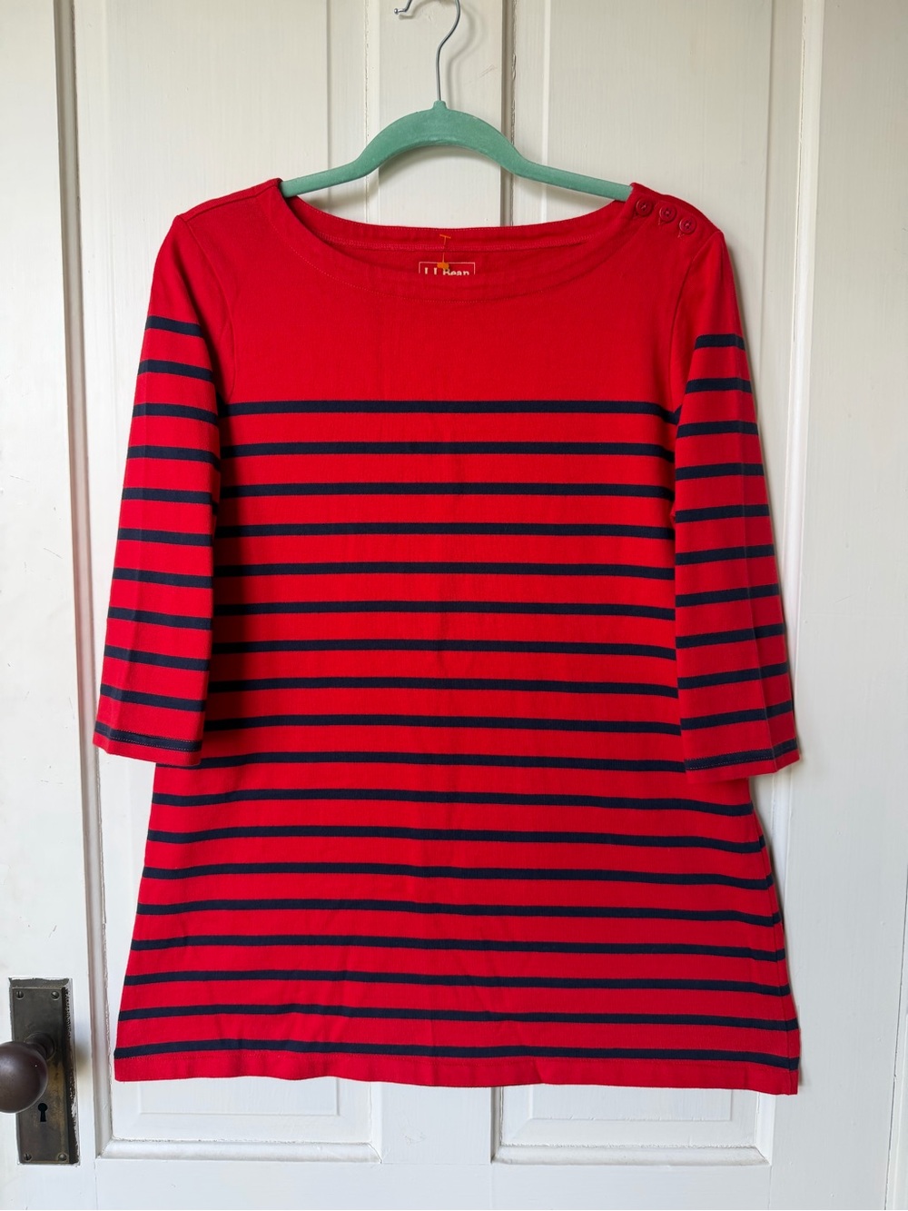 L.L. Bean Red and Navy Striped Long Sleeve Tee